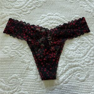 Victoria's Secret Black Lace Thong with Red Heart Print